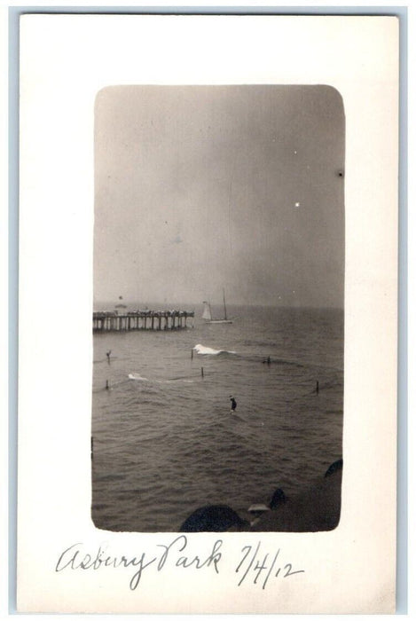 1912 Sailboat Dock Ocean Scene Asbury Park New Jersey NJ RPPC Photo Postcard