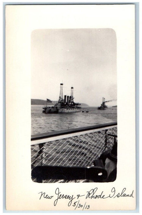 1913 USS Battleship New Jersey Rhode Island US Navy Military RPPC Photo Postcard