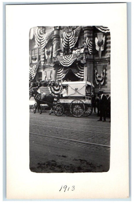 1913 Fallon's Market Parade Wagon Horse Patriotic Orange NJ RPPC Photo Postcard