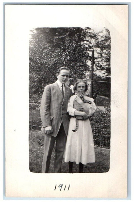 1911 Man Woman Couple Cat Animal Feline East Orange NJ RPPC Photo Postcard