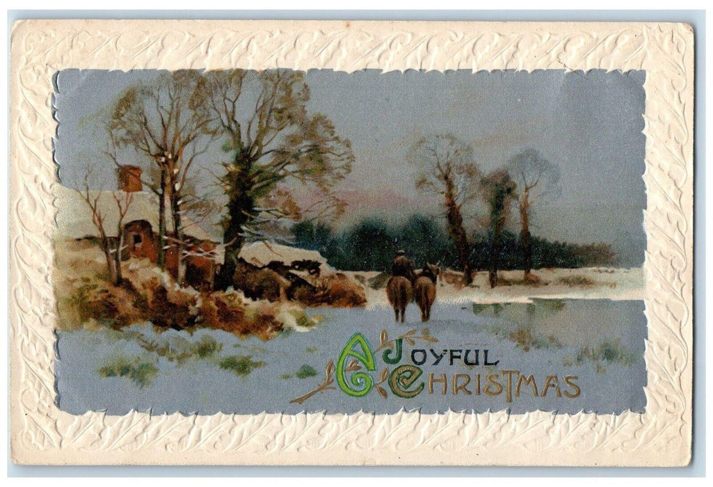 c1910's Christmas Horses House And Trees Winter Embossed Antique Postcard