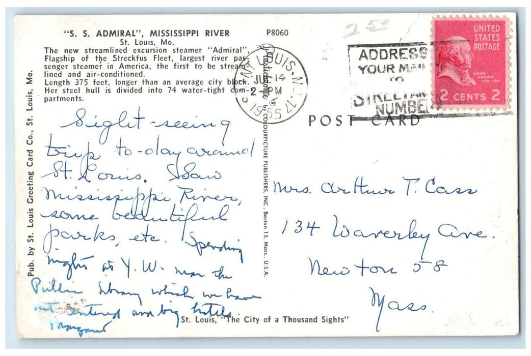 1955 Steamer Ship Admiral Mississippi River St Louis Missouri Vintage Postcard