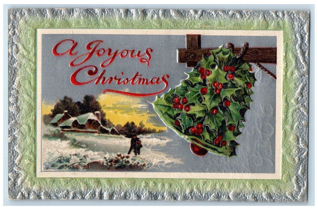 c1910's Christmas Ringing Bell Holly Berries House Winter Embossed Postcard