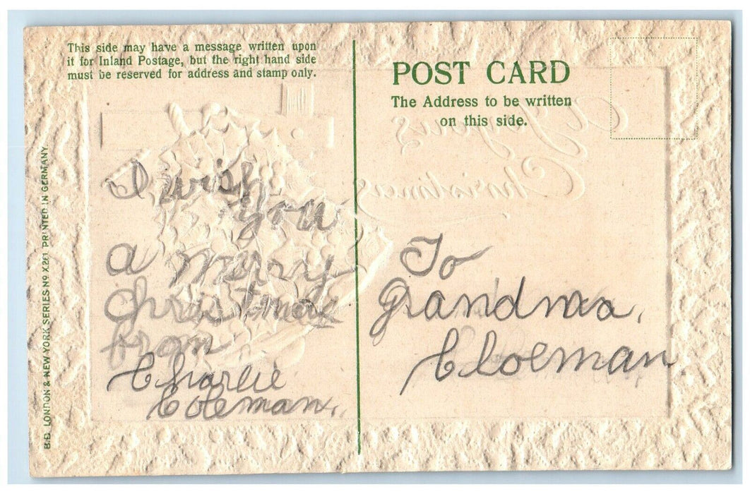c1910's Christmas Ringing Bell Holly Berries House Winter Embossed Postcard