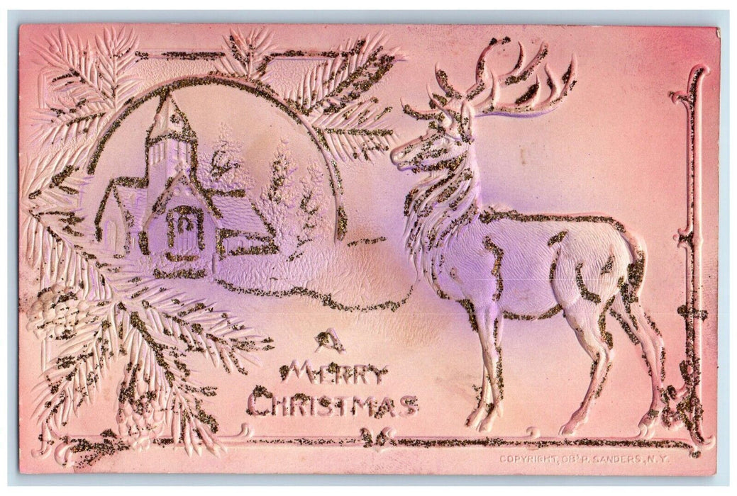 1910 Merry Christmas Deer House Church Pine Cone Glitter Embossed Postcard