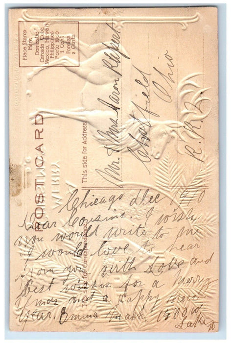 1910 Merry Christmas Deer House Church Pine Cone Glitter Embossed Postcard