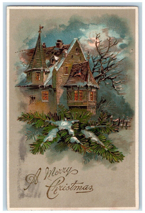 1907 Christmas House Church Pine Leaf Winter Embossed Boston MA Posted Postcard