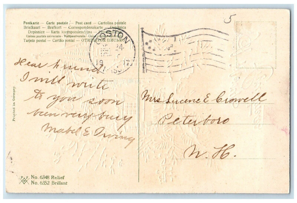 1907 Christmas House Church Pine Leaf Winter Embossed Boston MA Posted Postcard