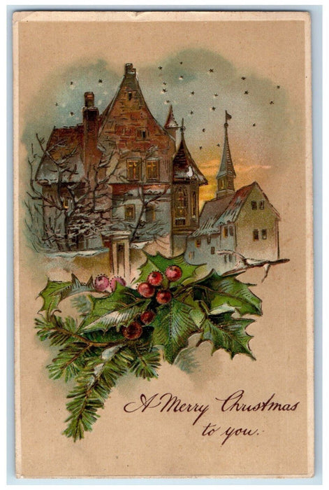 1907 Christmas House Church Holly Berries Embossed Detroit MI Antique Postcard