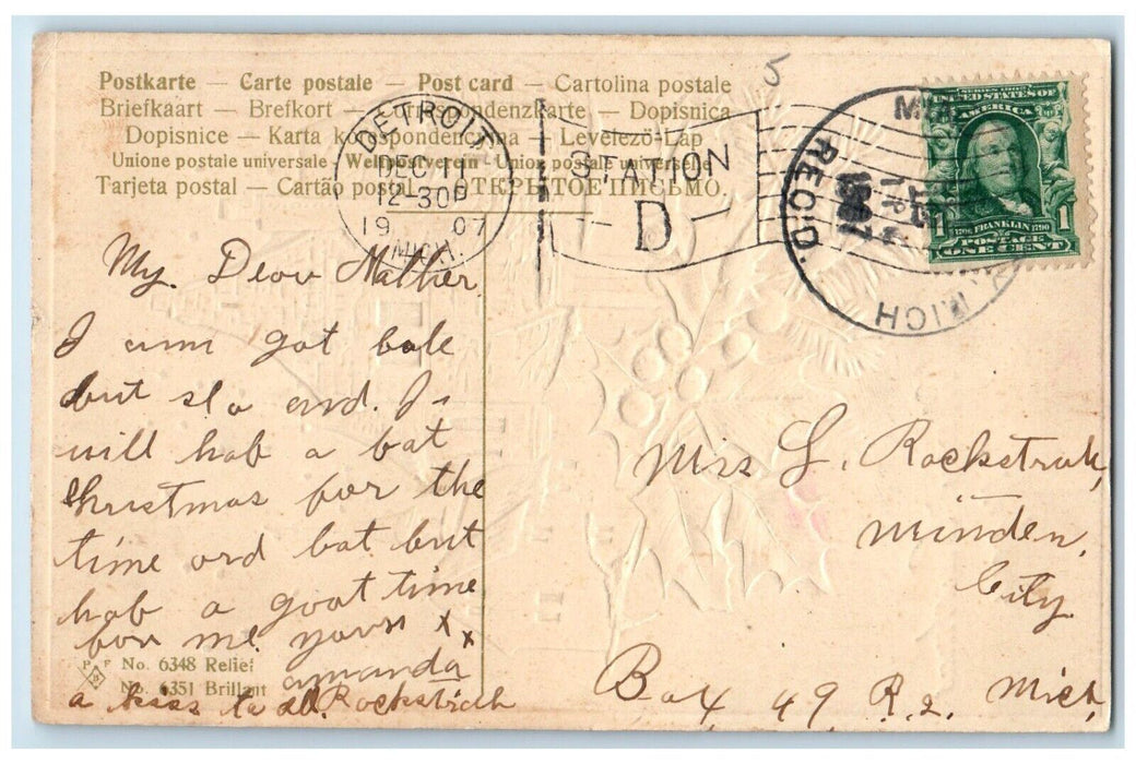 1907 Christmas House Church Holly Berries Embossed Detroit MI Antique Postcard