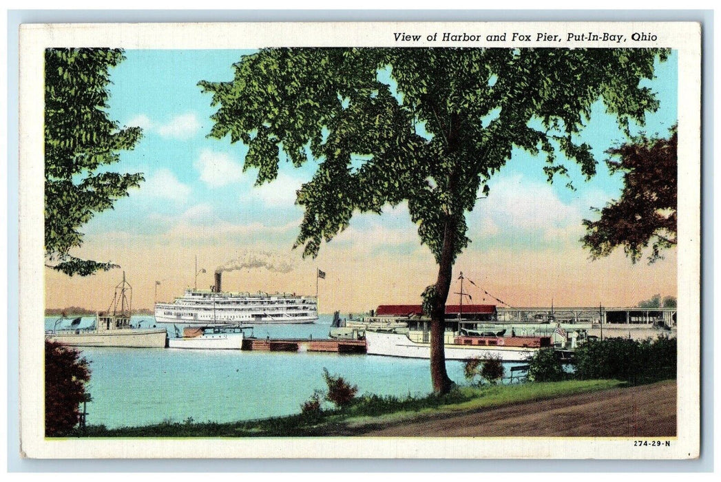 c1940 View Harbor Fox Pier Put-in-Bay Ohio Steamer Ship Cruise Antique Postcard