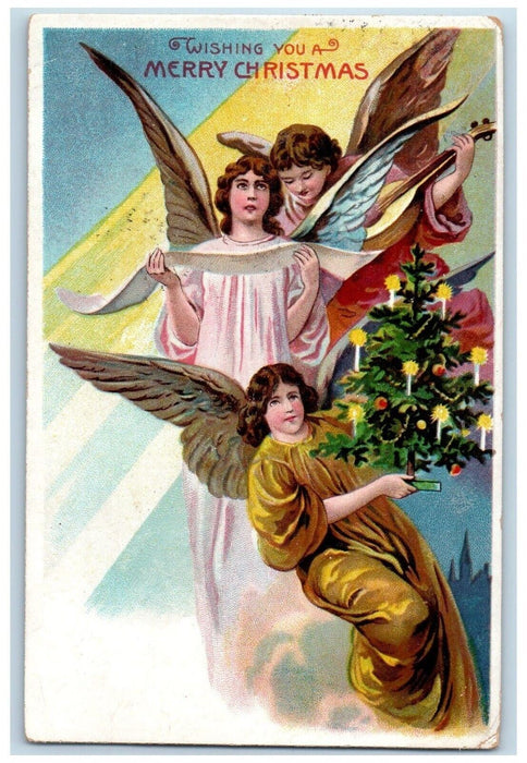 1907 Merry Christmas Angels Carol Holding Christmas Tree Posted Antique Postcard