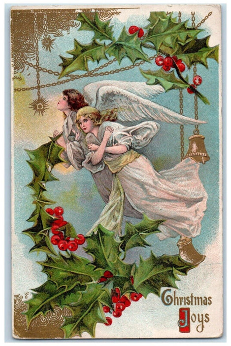 c1910's Christmas Joys Angels Ringing Bells Holly Berries Embossed Postcard