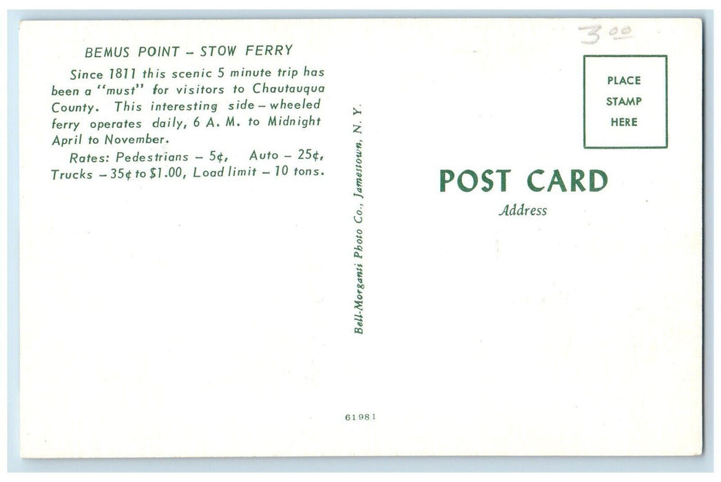c1960 Bemus Point Stow Ferry Side Wheel Chautauqua County Lake New York Postcard