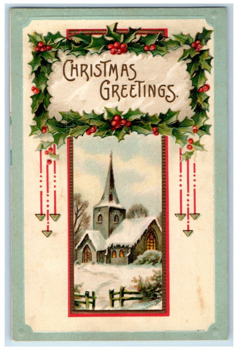 Christmas Greetings Holly Berries House Winter Art Nouveau Clapsaddle Postcard