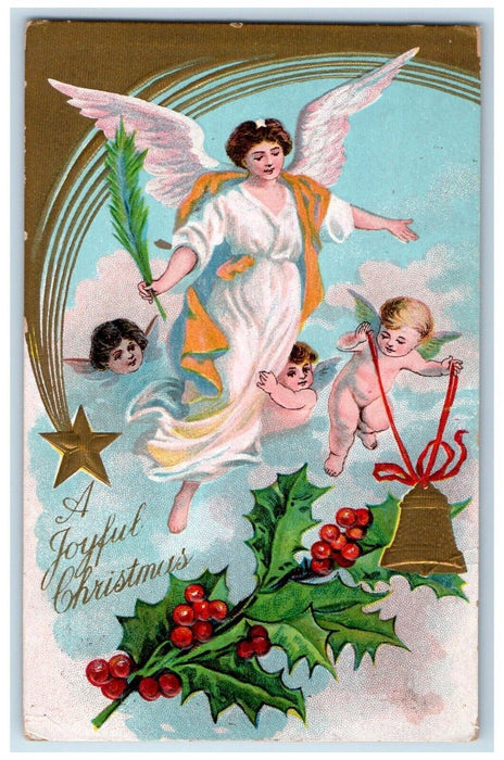 c1910's Christmas Angels Bare Butt Ringing Bell Holly Berries Embossed Postcard