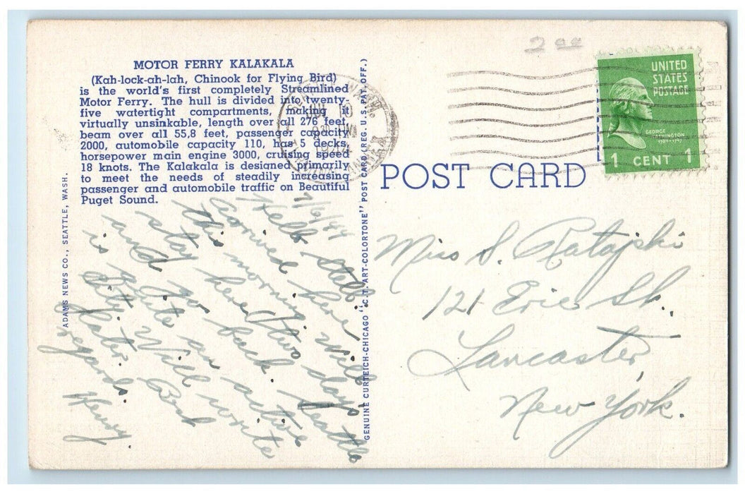 1944 Motor Ferry Kalakala Steamedlined Vessel Lake Seattle Bremerton WA Postcard