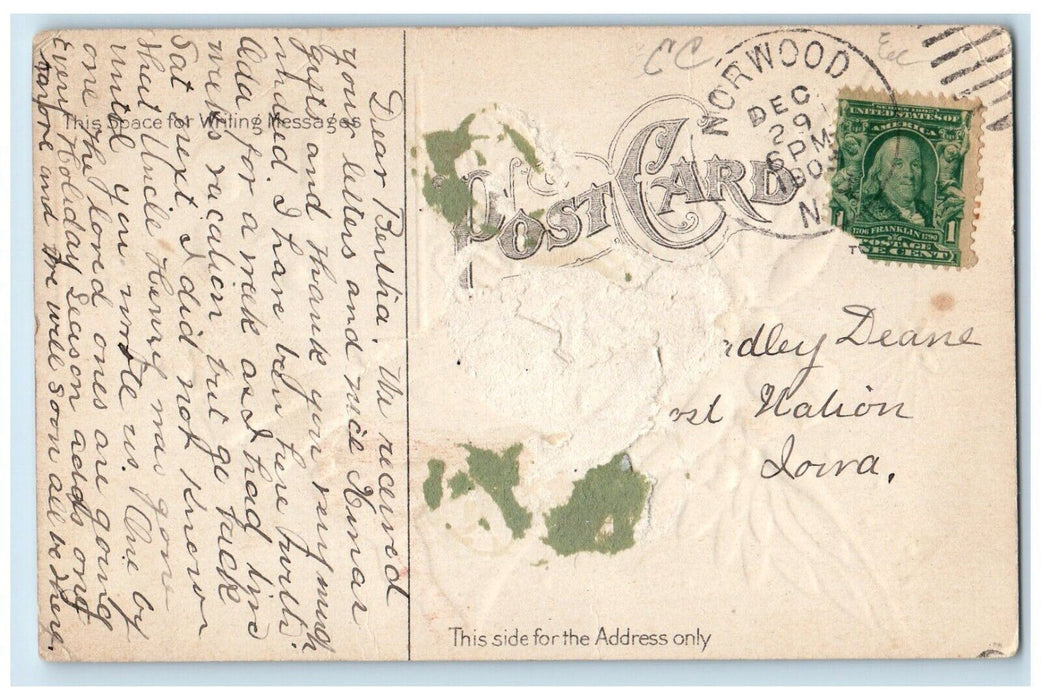 1909 Christmas December 14 Floating Angel Embossed Norwood NY Antique Postcard