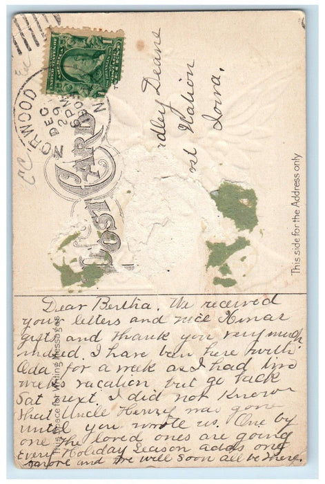 1909 Christmas December 14 Floating Angel Embossed Norwood NY Antique Postcard