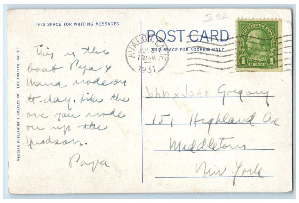 1931 Steamer Catalina Cruise Ship Catalina Island California CA Posted Postcard