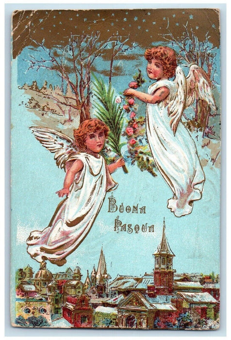 c1910's Christmas Floating Angels Flowers Embossed Posted Antique Postcard