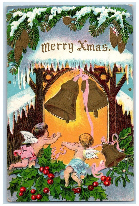 c1910's Merry Christmas Angels Ringing Bells Pine Cone Holly Berries Postcard