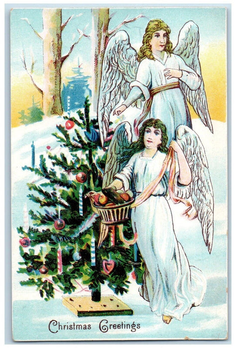 Christmas Greetings Angels Decorated Christmas Tree Winter Embossed Postcard