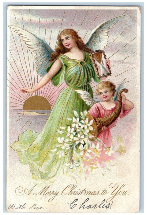 1905 Merry Christmas Angel Hourglass Cornucopia Flowers Racine OH Postcard