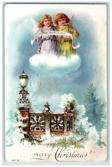 1909 Merry Christmas Angels Winter Embossed Hillsdale Michigan MI Postcard
