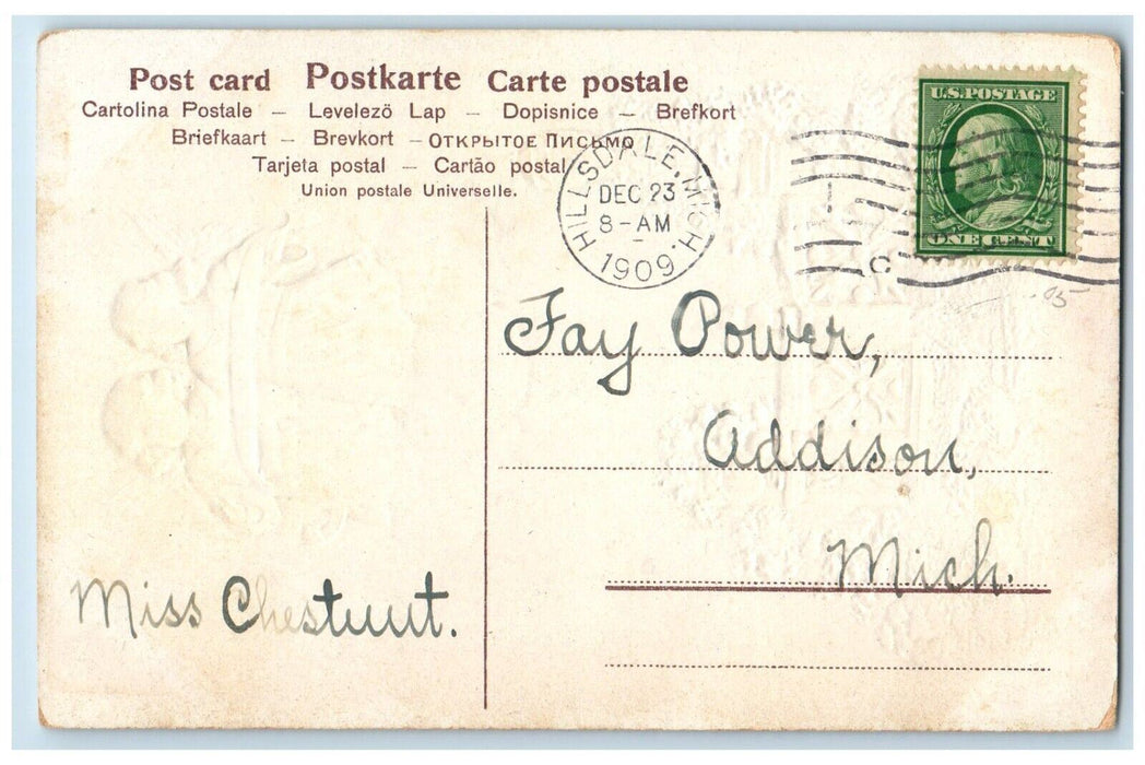 1909 Merry Christmas Angels Winter Embossed Hillsdale Michigan MI Postcard