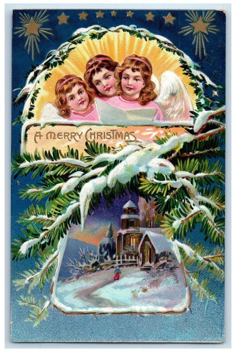 c1910's Merry Christmas Angels Pine Winter House Church Stars Tuck's Postcard
