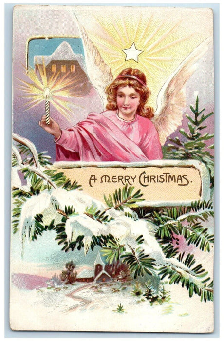 1907 Merry Christmas Angel Candle Pine Leaf Embossed Tucks Westfield NY Postcard