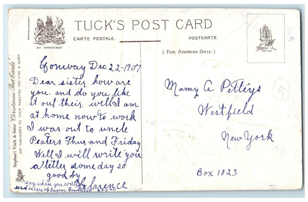 1907 Merry Christmas Angel Candle Pine Leaf Embossed Tucks Westfield NY Postcard