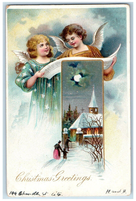 1905 Christmas Greetings Angels Carol Church Worcester Massachusetts MA Postcard