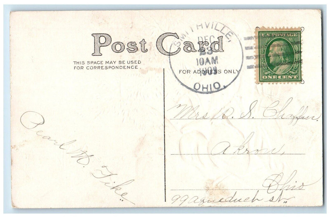 1909 Christmas Angel Candle Lights House Winter Smithville OH Antique Postcard