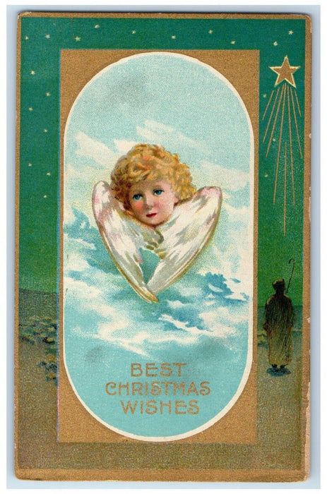 c1910's Christmas Wishes Angel Head Cloud Stars Unposted Antique Postcard