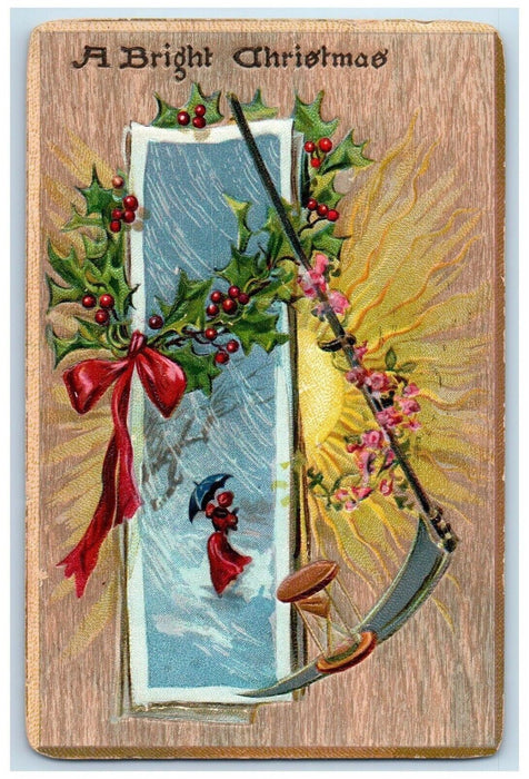 1909 Christmas Woman Umbrella Winter Scythe Holly Berries Roses Flowers Postcard