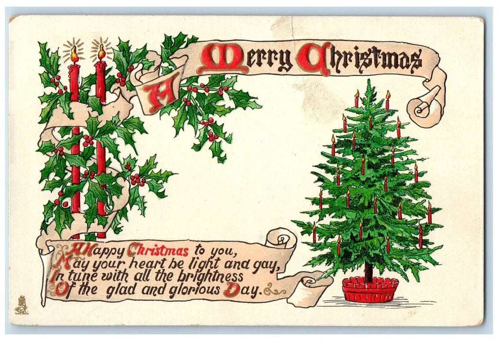 c1910's Christmas Tree Candle Light Holly Berries Embossed Postcard