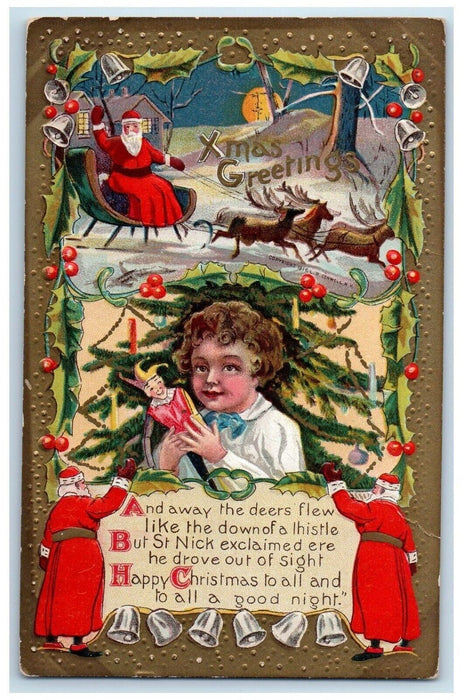 1910 Christmas Greetings Santa Claus Deer Sleigh Berries Boy Jersey Toy Postcard