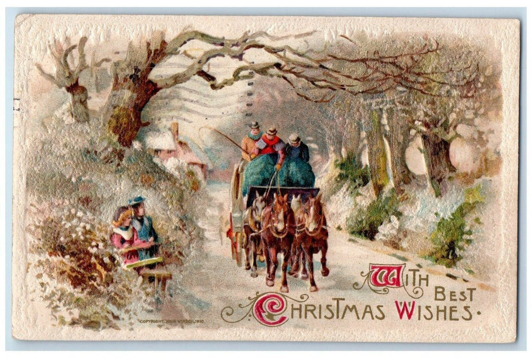 1910 Christmas Wishes Horses Carriage Winter Embossed John Winsch Postcard