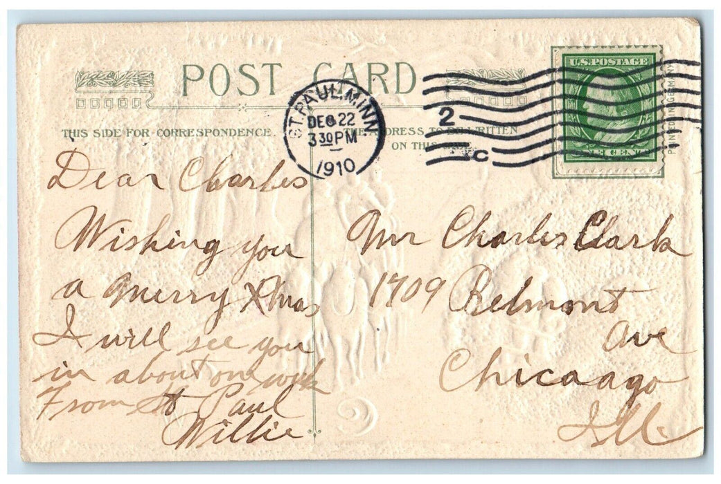 1910 Christmas Wishes Horses Carriage Winter Embossed John Winsch Postcard