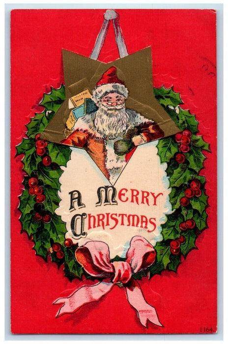 1909 Merry Christmas Whreath Santa Claus Gifts Embossed Prattsburgh NY  Postcard