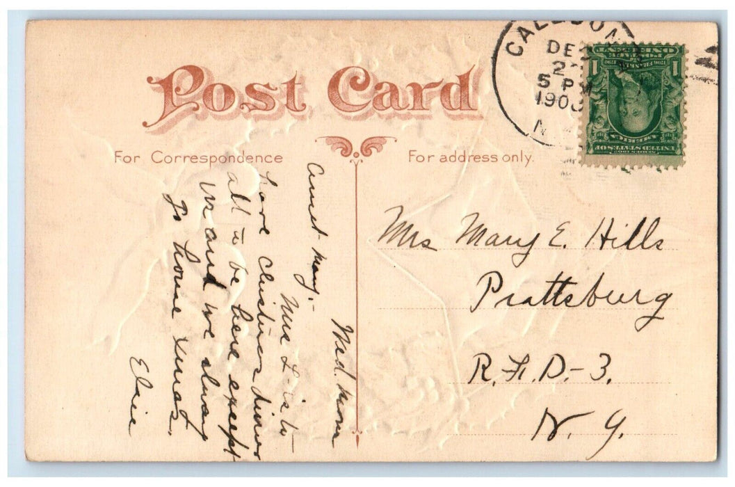 1909 Merry Christmas Whreath Santa Claus Gifts Embossed Prattsburgh NY  Postcard