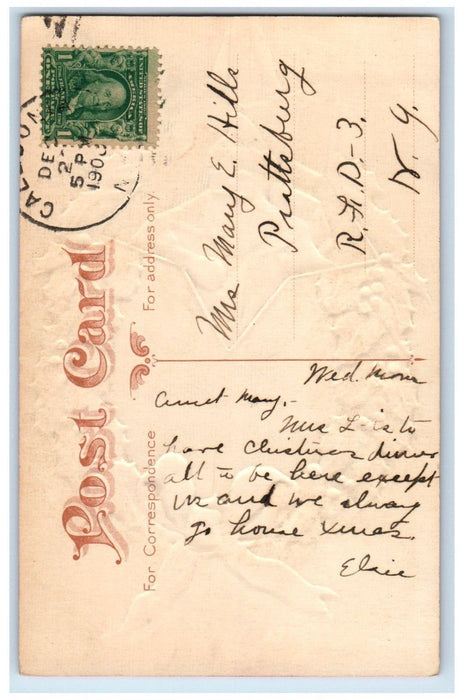 1909 Merry Christmas Whreath Santa Claus Gifts Embossed Prattsburgh NY  Postcard