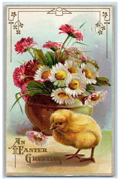 1912 Easter Greetings Chick Daisy Flowers Embossed Detroit MI Antique Postcard