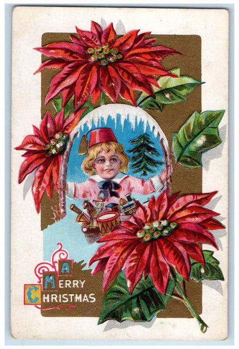 c1910's Merry Christmas Poinsettia Flowers Boy With Toys Embossed Postcard