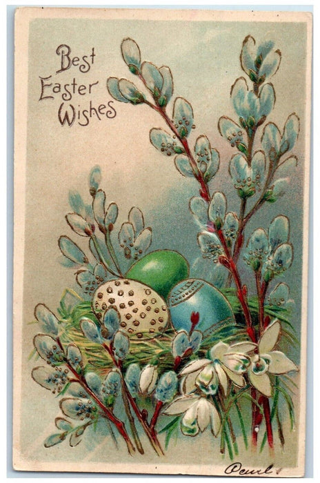 c1905 Easter Wishes Eggs Pipe Berry Flowers Embossed Posted Antique Postcard
