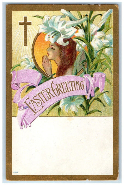 c1910's Easter Greeting Pretty Woman Holy Cross Flowers Embossed Postcard