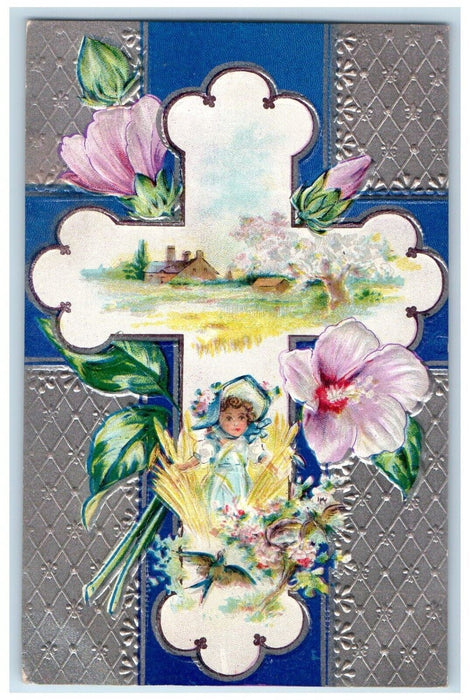 c1910's Easter Holy Cross Girl Flowers House Embossed Unposted Antique Postcard