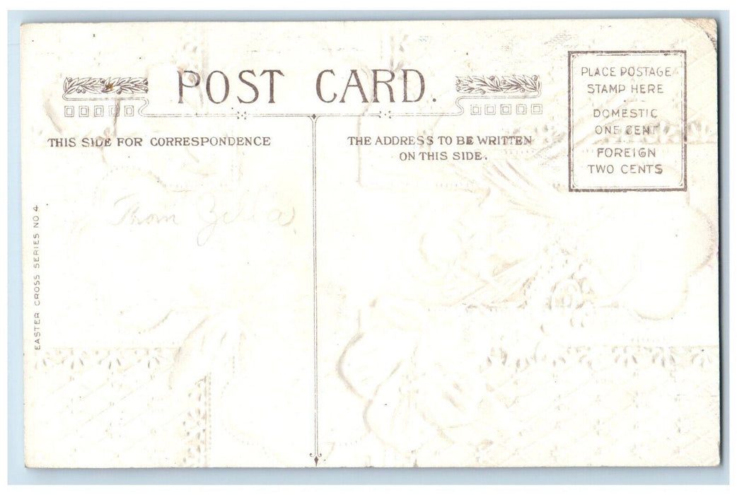 c1910's Easter Holy Cross Girl Flowers House Embossed Unposted Antique Postcard